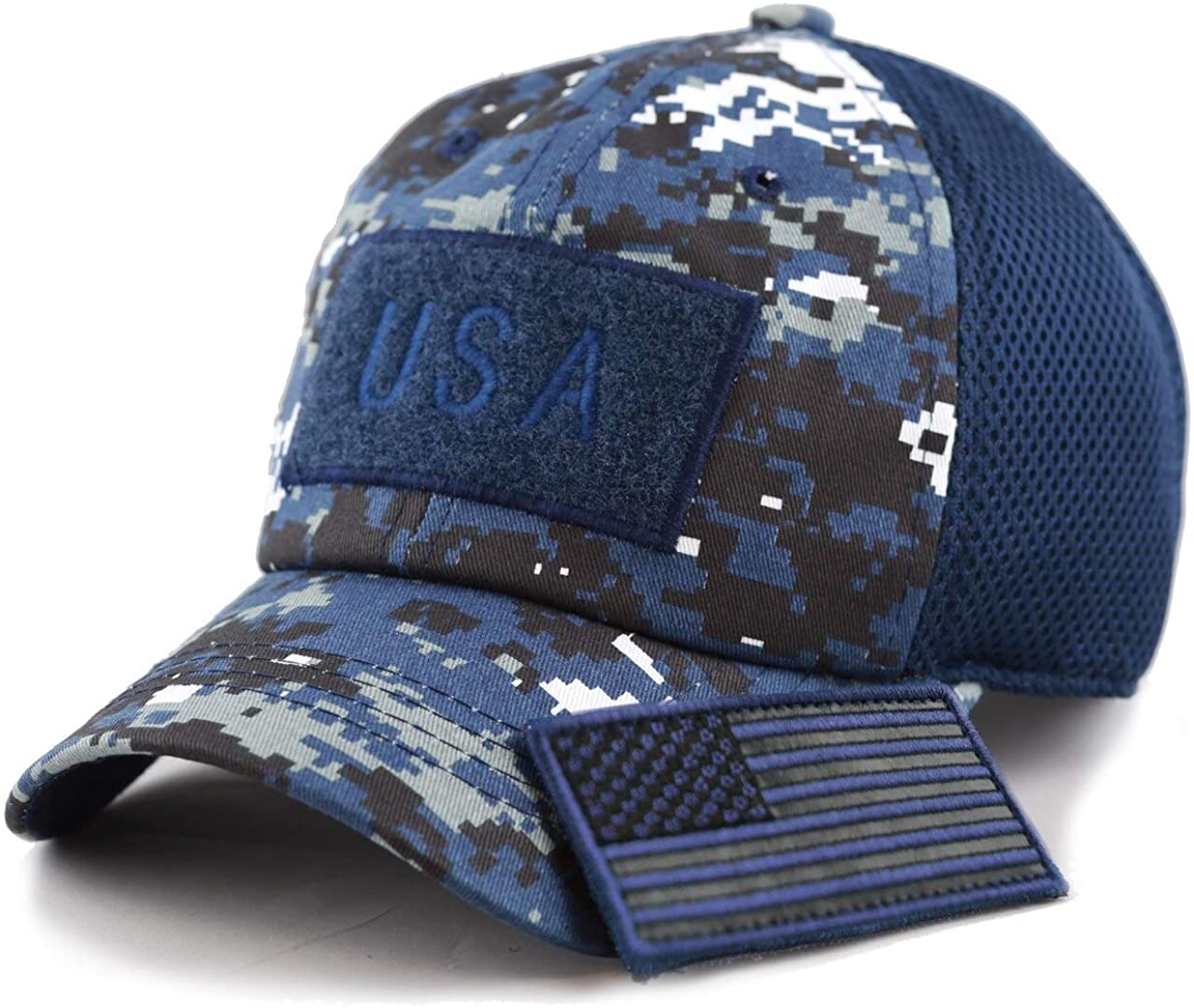 US Flag Detachable Patch Micro Soft Mesh Baseball Hat Cap (Navy Blue Camouflage)
