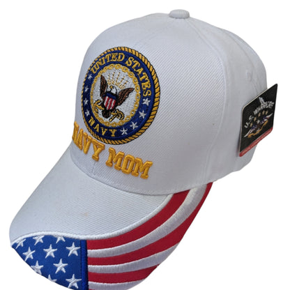 US Military Navy Mom Flag on Brim White Baseball Hat Cap