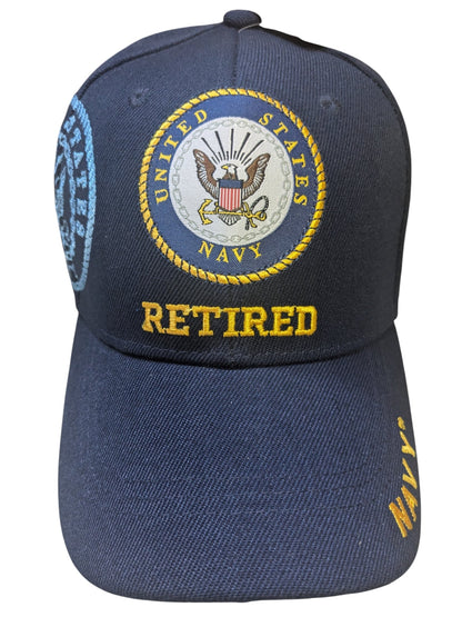 US Military Navy Retired Emblem Shadow Side Blue Baseball Hat Cap