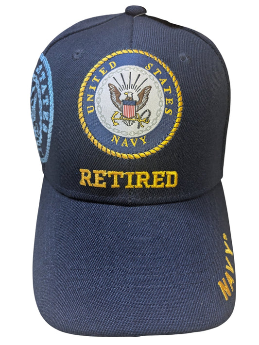 US Military Navy Retired Emblem Shadow Side Blue Baseball Hat Cap