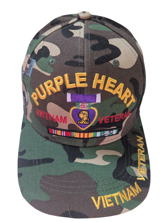 US Military Purple Heart Vietnam Veteran Woodland Camouflage Baseball Hat Cap