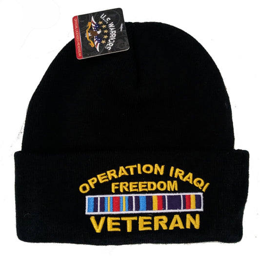 US Military Operation Iraqi Freedom Veteran Black Skull Beanie Cap